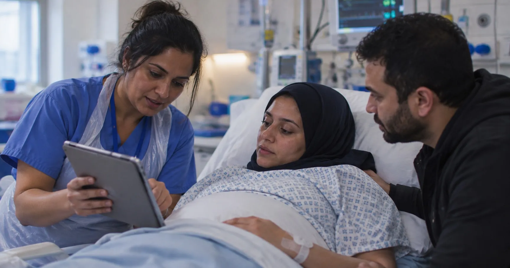Maternity: A woman in advanced labour, with little English.