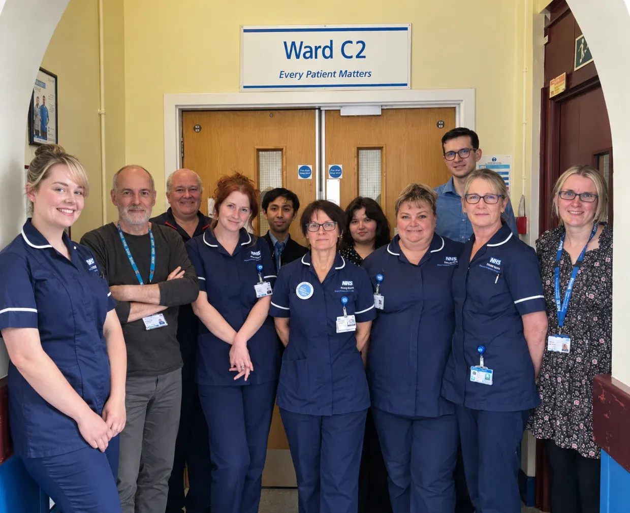 Hospitals and health systems: a ward team standing together at the entrance to their ward.