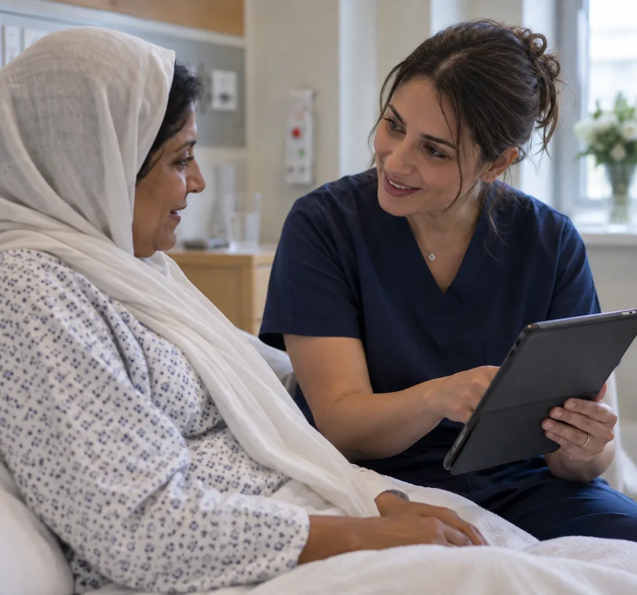 Private and international healthcare: a nurse showing a tablet to a patient in a comfortable room.